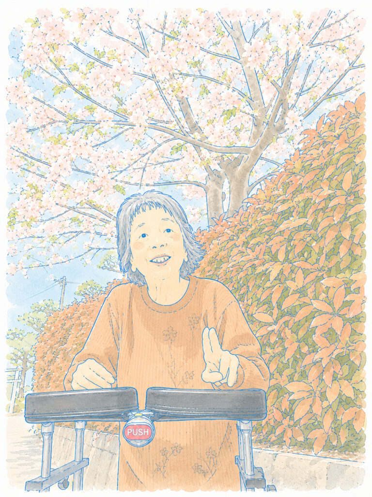 桜の下で笑顔を見せる高齢女性を描いた優しいタッチのイラスト
