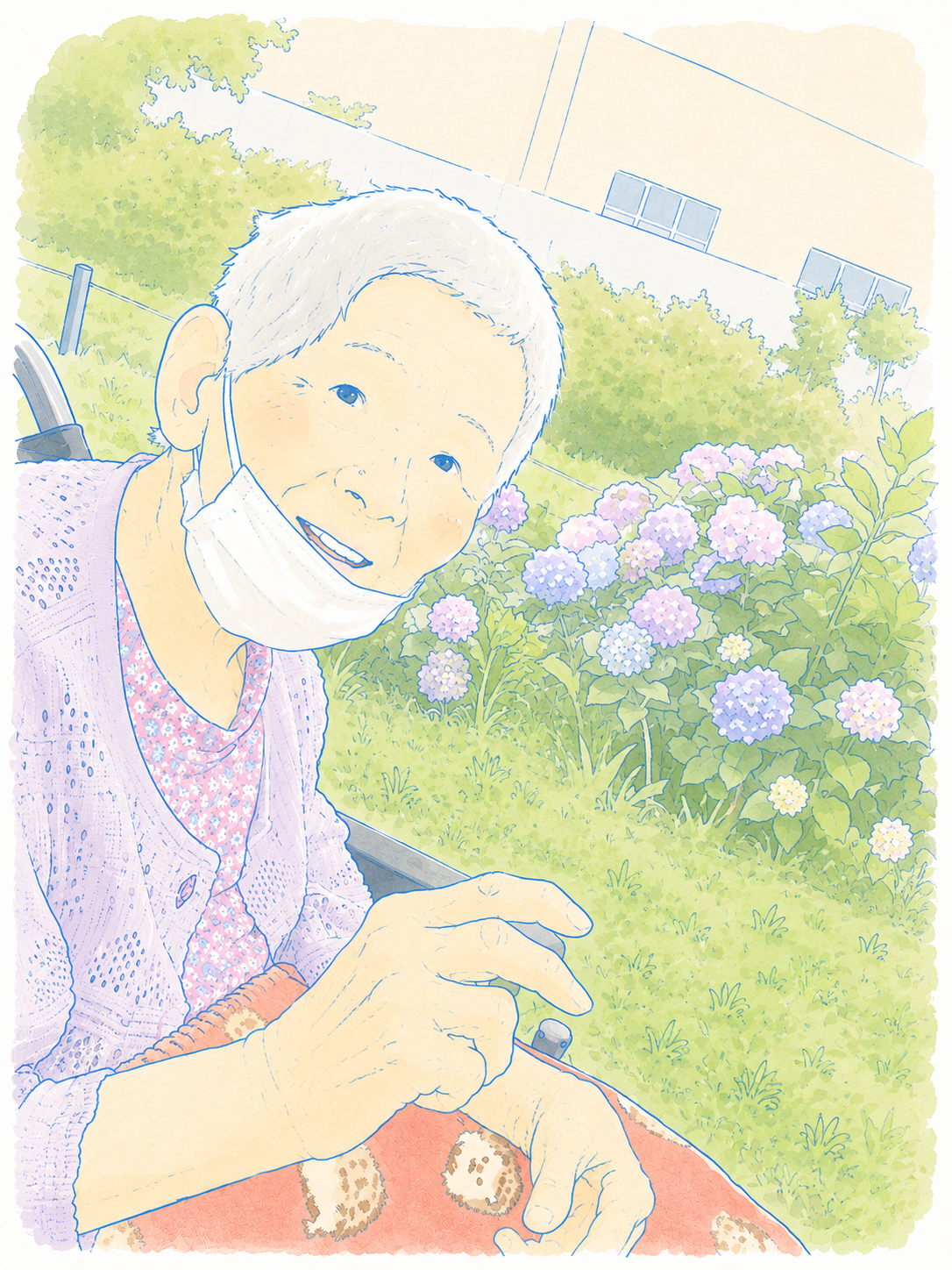 利用者が屋外で紫陽花を見ながら笑顔で過ごす様子