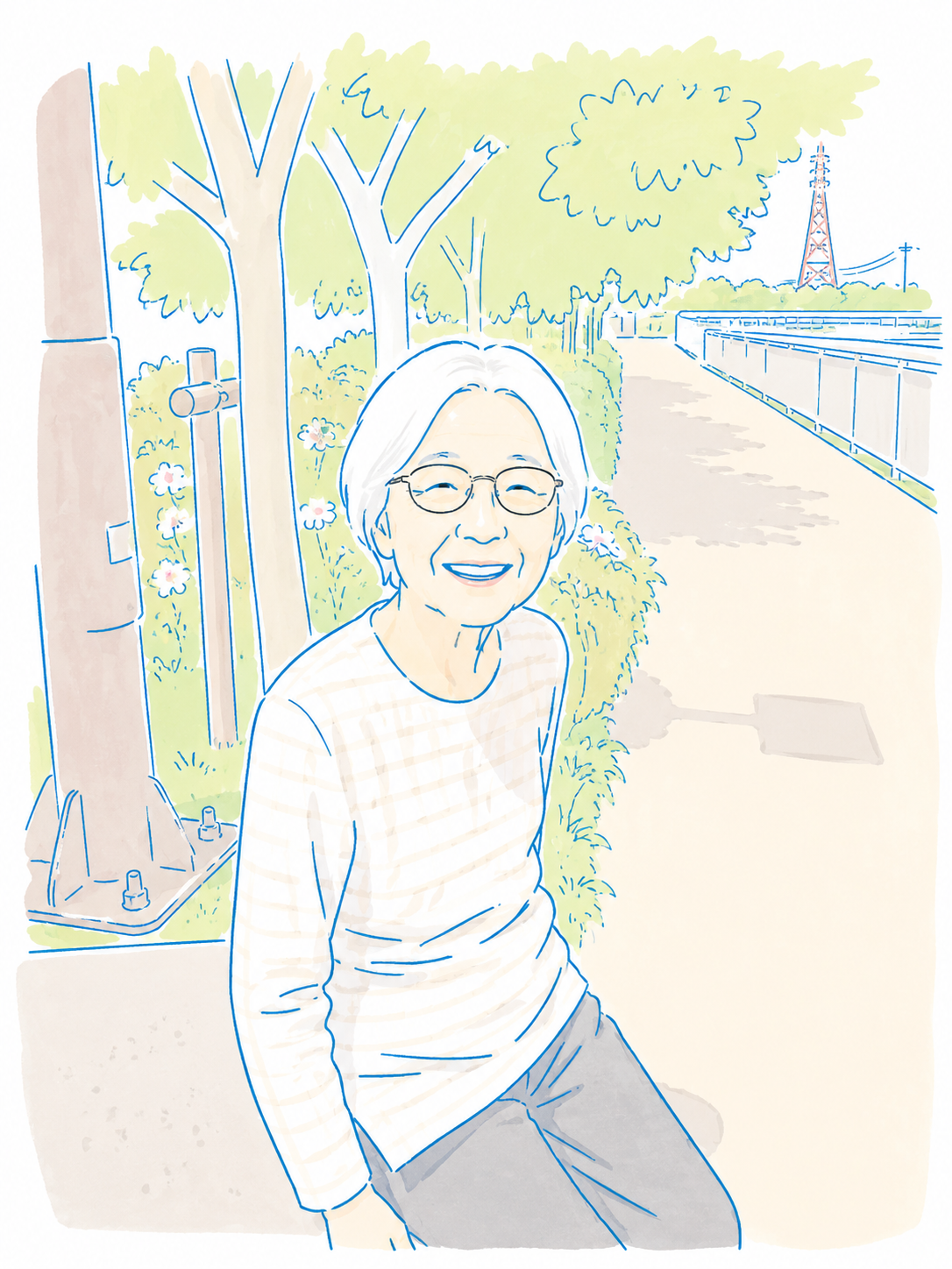 利用者が屋外で散歩中にベンチに座り笑顔で過ごす様子